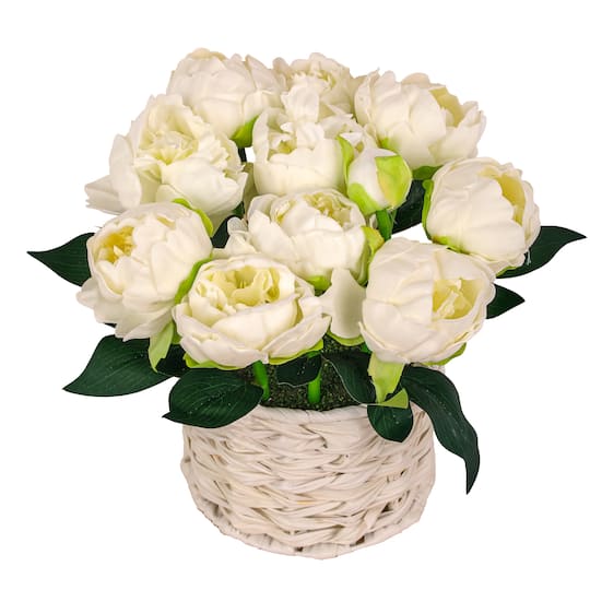 10" Peony Flower Bouquet In White Basket